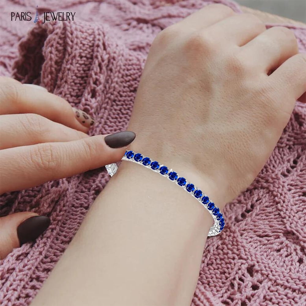 Paris Jewelry 18k White Gold 6 Cttw Blue Sapphire Round Adjustable Tennis Bracelet For Women Plated