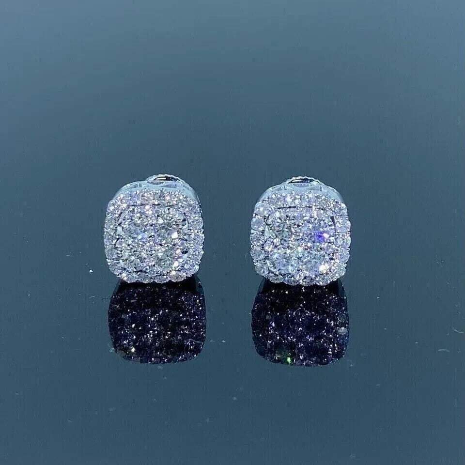 2Ct Round Cut VS1 Moissanite Men's Cluster Stud Earrings 14K White Gold Finish
