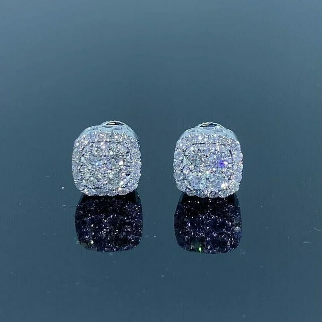 2Ct Round Cut VS1 Moissanite Men's Cluster Stud Earrings 14K White Gold Finish