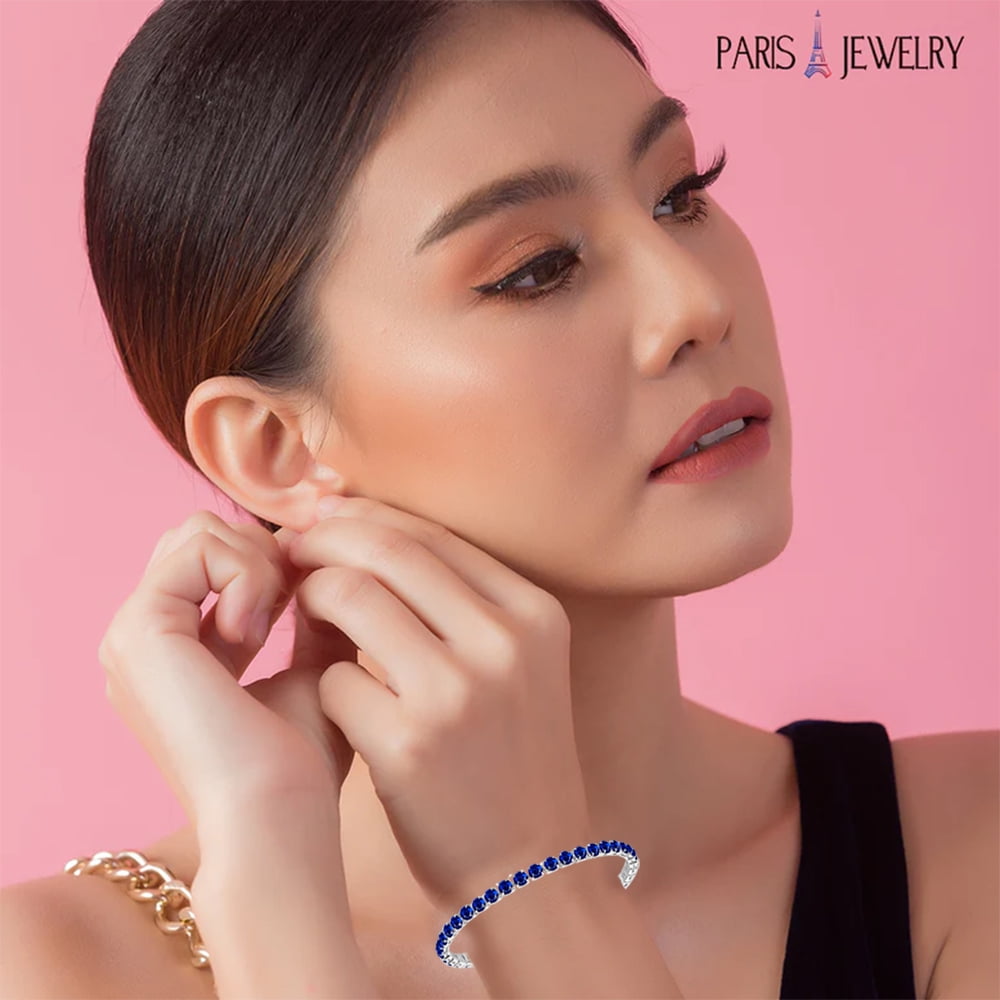 Paris Jewelry 18k White Gold 6 Cttw Blue Sapphire Round Adjustable Tennis Bracelet For Women Plated