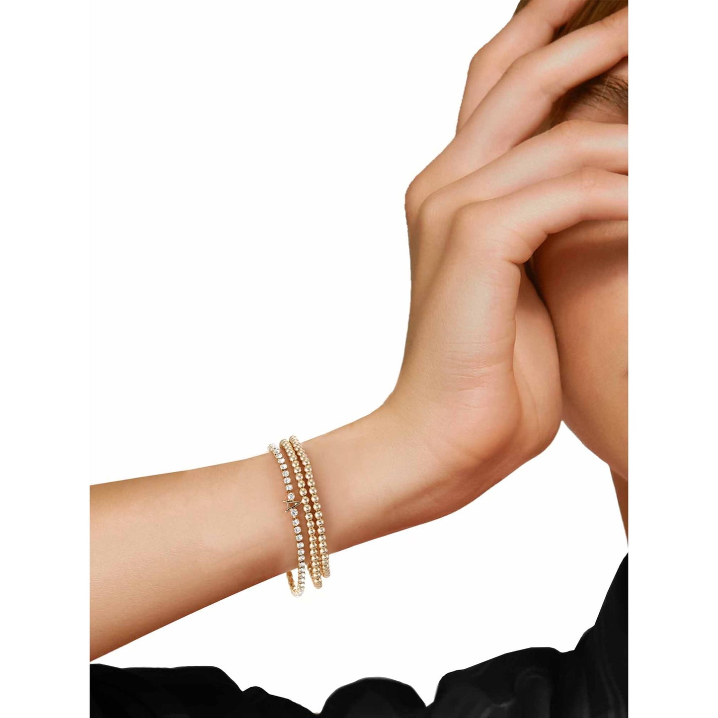 Time and Tru Goldtone and Crystal Beaded Stretch Bracelets, 3 Pieces, Initial Letter A