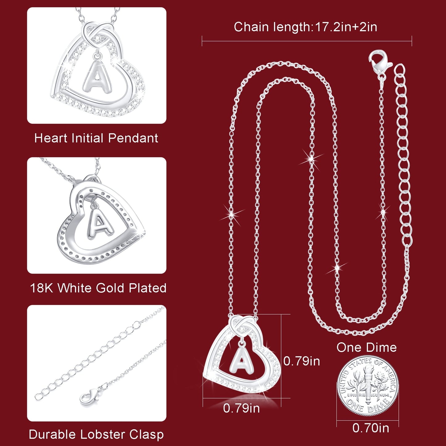 APSVO 18K White Gold Plated Love Heart Initial Necklaces for Women Girls CZ S925 Sterling Silver Letter A Pendant Chain Graduation Wedding Birthday Jewelry Gifts Ideas Teen Kids Mom Wife Bride Age