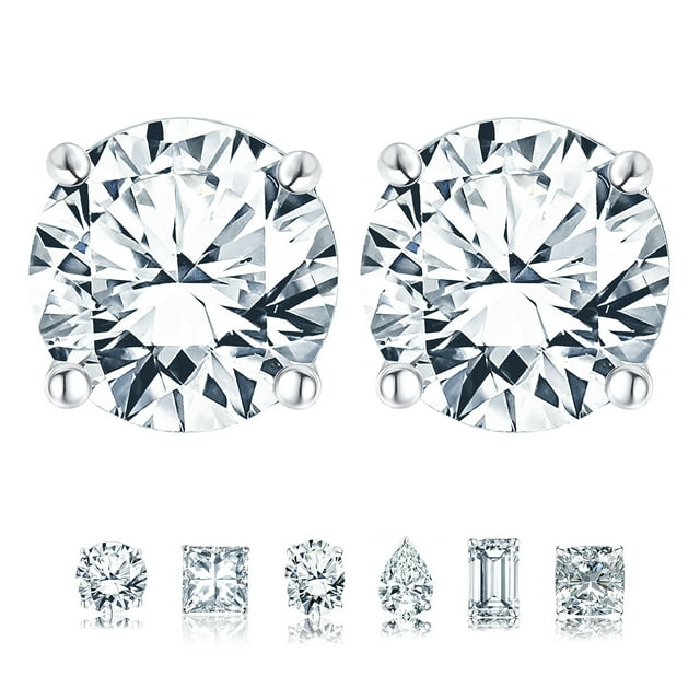 JeenMata 4 Prong 2 Carat Round Shaped Moissanite Solitaire Stud Earrings in 18k White Gold Plating for Women