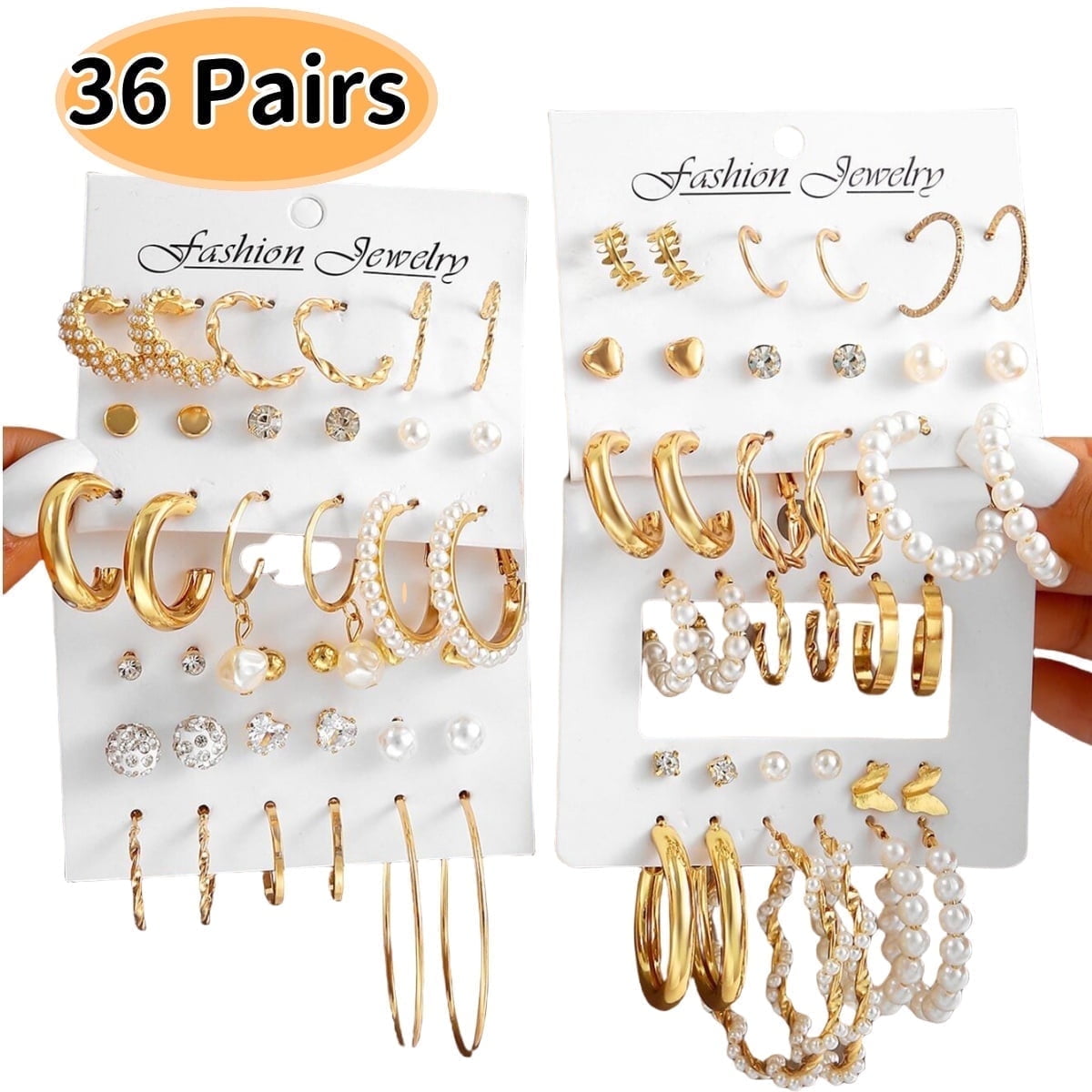 Kabuer Juego de Pendientes de Perla y Aro Dorado Joyería de Moda, 36 Pares