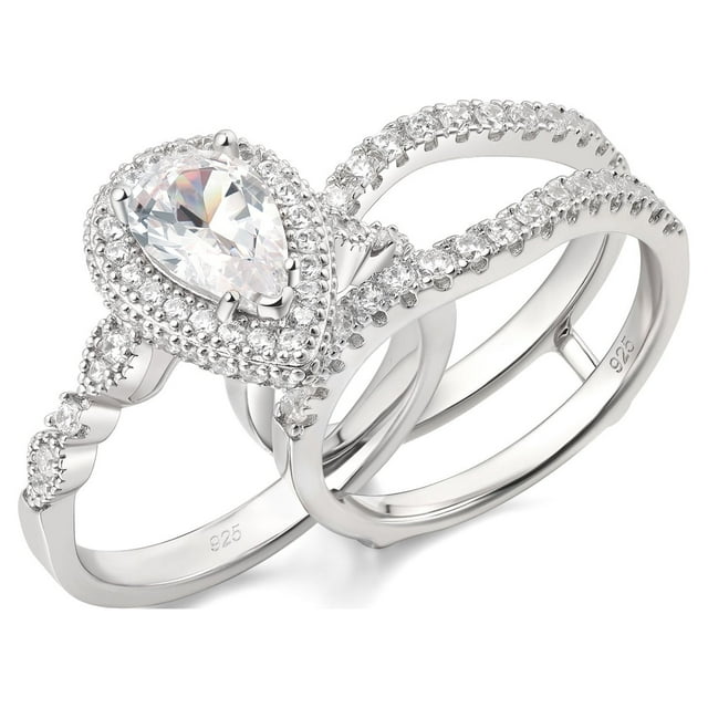 Newshe Jewellery Wedding Rings for Women Bridal Ring Enhancer Engagement Ring 3Ct Pear White Gold 925 Sterling Silver 5A Cz Size 7