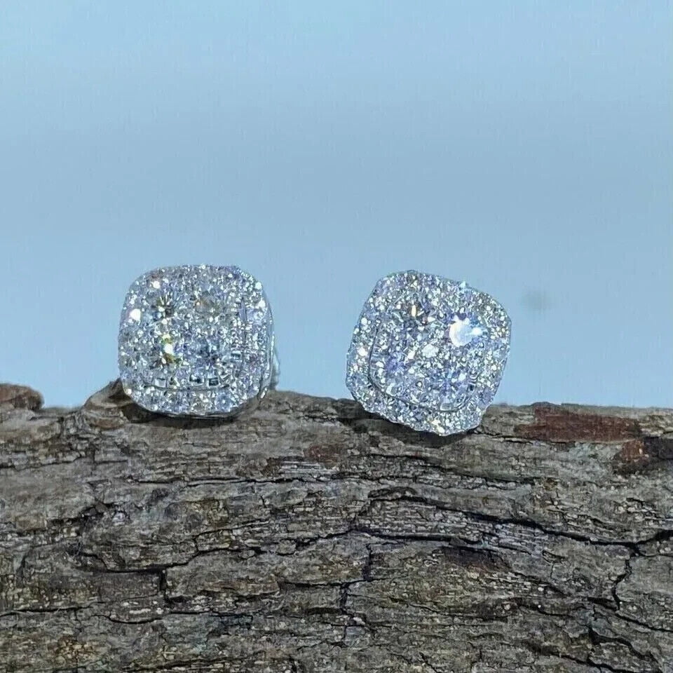 2Ct Round Cut VS1 Moissanite Men's Cluster Stud Earrings 14K White Gold Finish