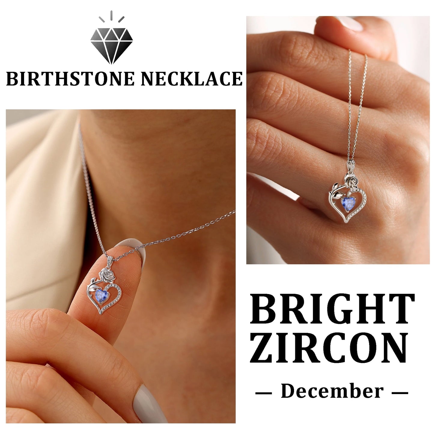 Beautlace Rose Heart Jewelry Set,December Birthstone Rose Flower Heart Necklace/Earrings/Ring/Bracelet Set 925 Sterling Silver Jewelry Birthday Christmas Valentines Mother's Day Gifts for Women Mom