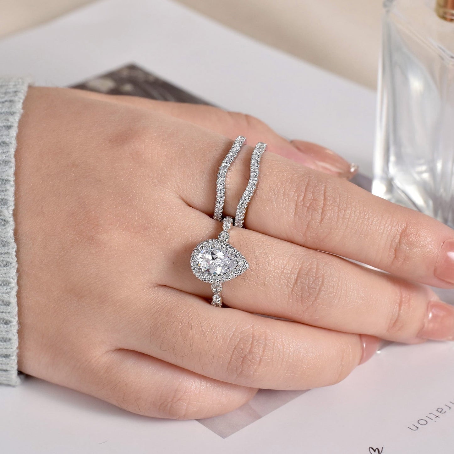 Newshe Jewellery Wedding Rings for Women Bridal Ring Enhancer Engagement Ring 3Ct Pear White Gold 925 Sterling Silver 5A Cz Size 7