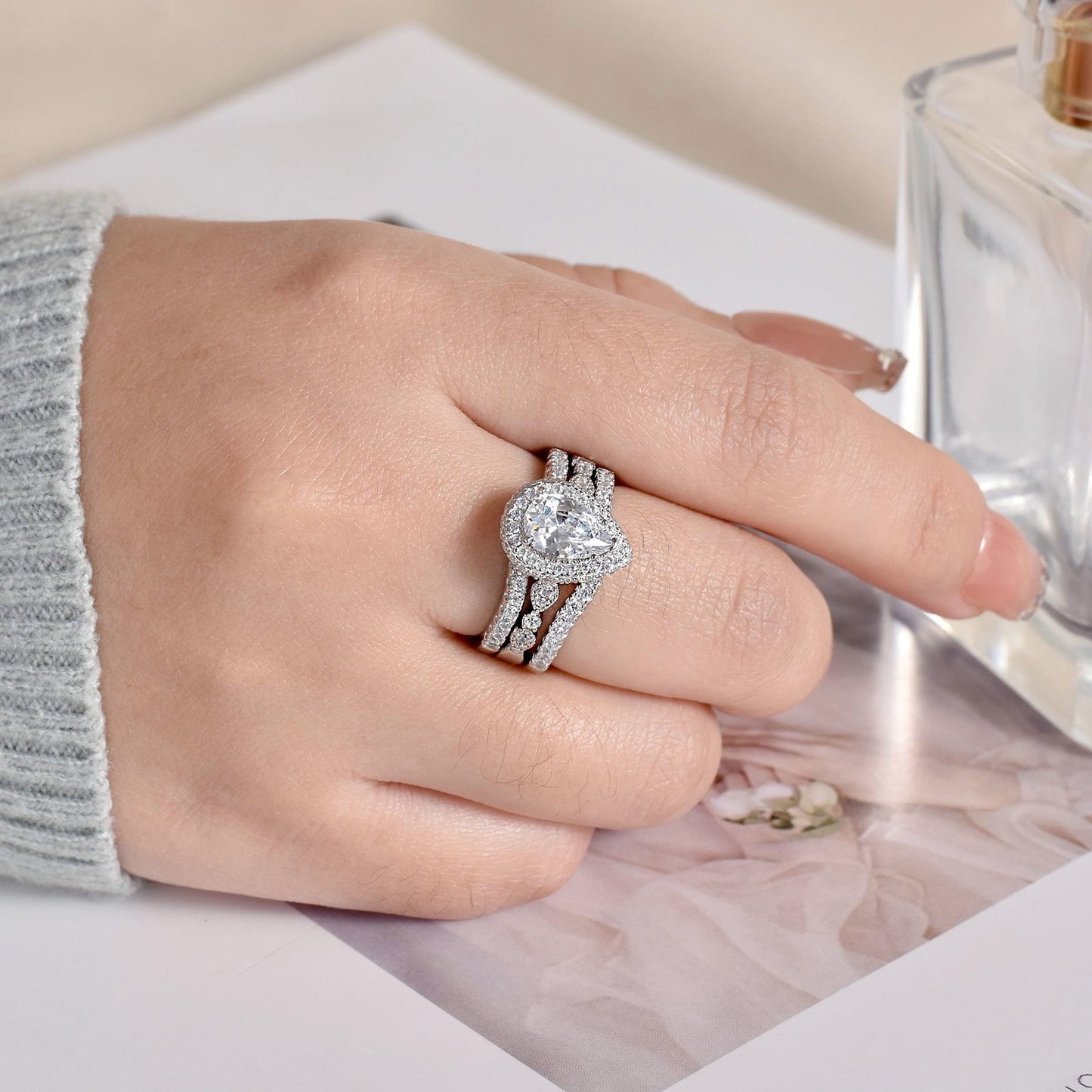 Newshe Jewellery Wedding Rings for Women Bridal Ring Enhancer Engagement Ring 3Ct Pear White Gold 925 Sterling Silver 5A Cz Size 7