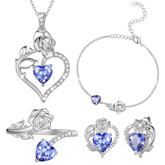 Beautlace Rose Heart Jewelry Set,December Birthstone Rose Flower Heart Necklace/Earrings/Ring/Bracelet Set 925 Sterling Silver Jewelry Birthday Christmas Valentines Mother's Day Gifts for Women Mom
