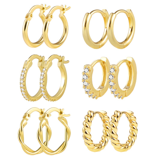 Alexcraft Juego de Aretes Tipo Aro de Oro de 14 Quilates, Hipoalergénicos, 6 Pares