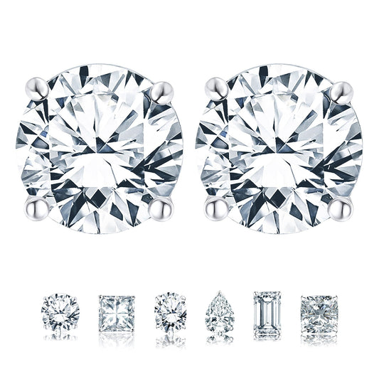 JeenMata 4 Prong 2 Carat Round Shaped Moissanite Solitaire Stud Earrings in 18k White Gold Plating for Women